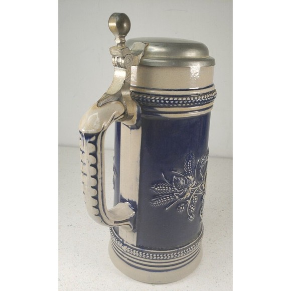 Vintage Original Gerzit Lidded German Stoneware Beer Stein Cobalt Blue Pewter - Picture 6 of 14
